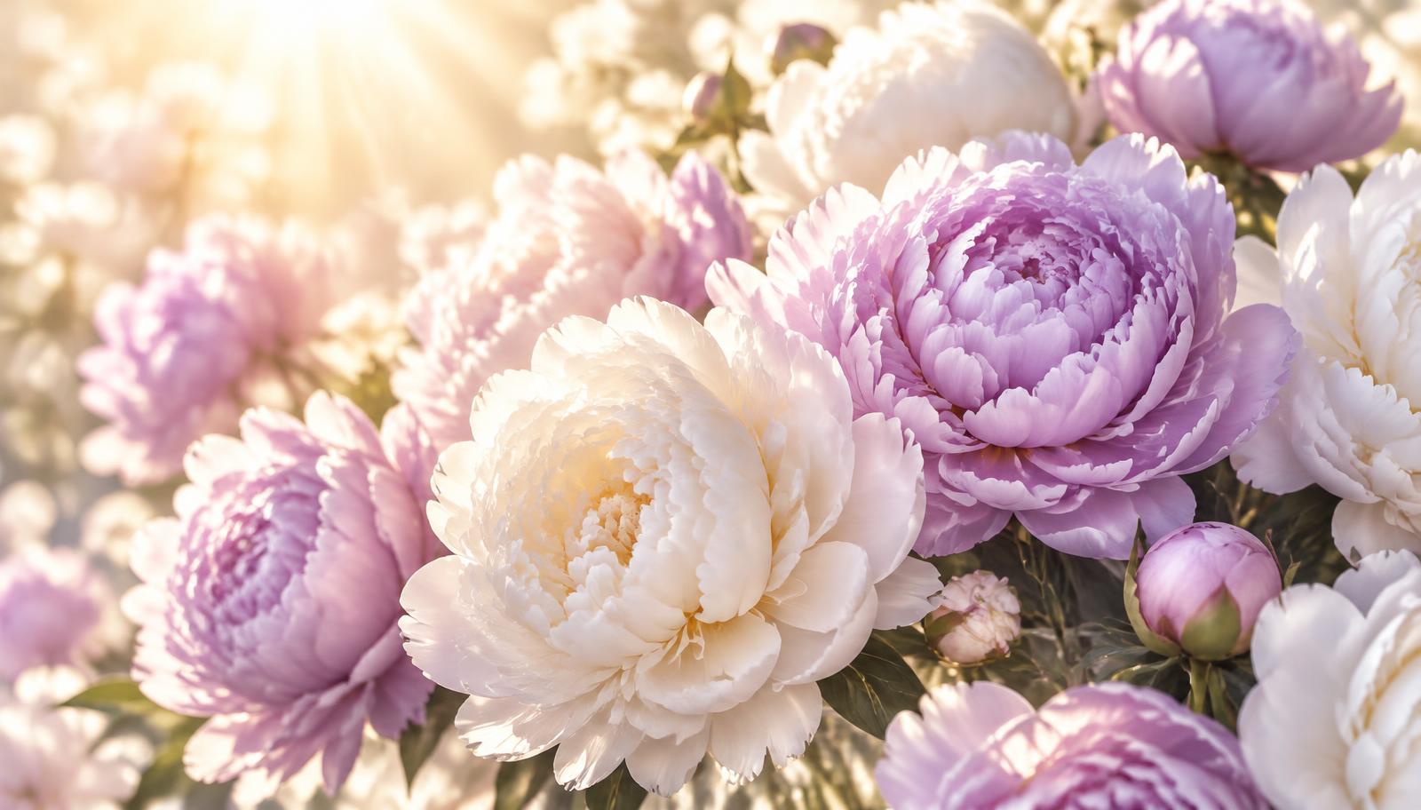 Lilac and white peonies in warm morning light